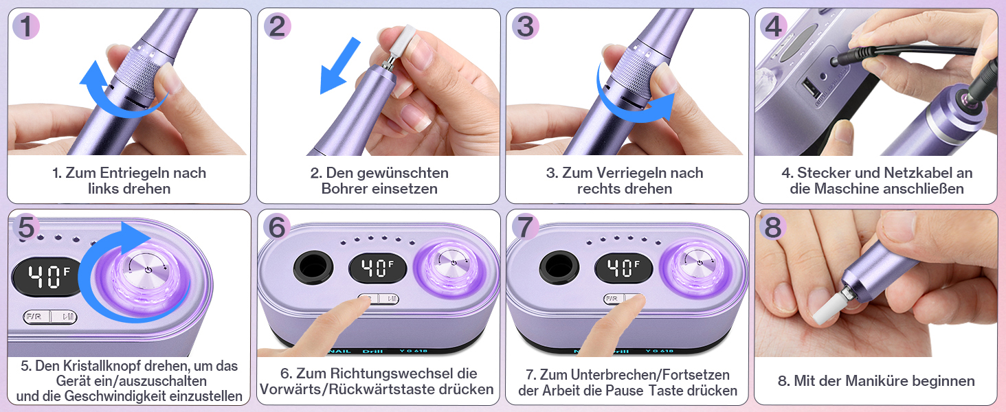 Електрична нігтьова фрезерна машинка для манікюру та педикюру, 40000 об/хв, LCD дисплей, професійний набір, фіолетовий