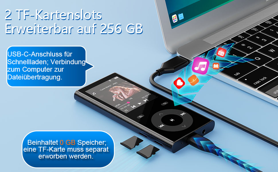 MP3 плеєр з Bluetooth 5.3 та динаміком, 90 ГБ пам'яті, 2.4