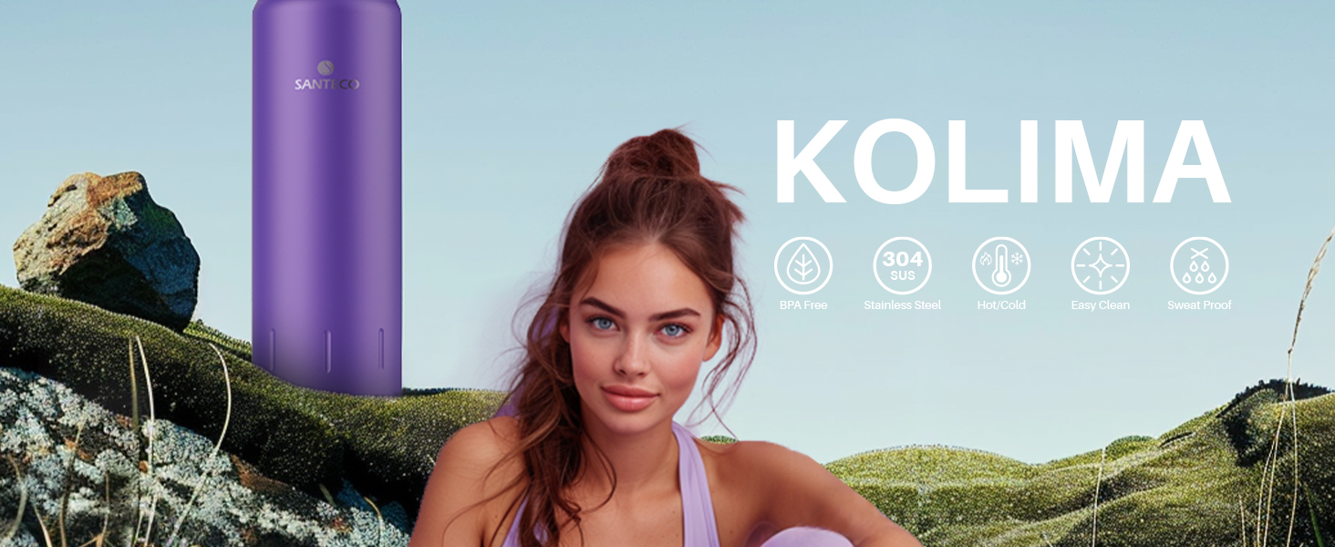 Термос-термокана з нержавіючої сталі SANTECO 1л, 500мл, 1000мл, з кришкою-чашкою, для дітей, спорту, без BPA, 24 год холод, 12 год гарячий (фіолетовий)