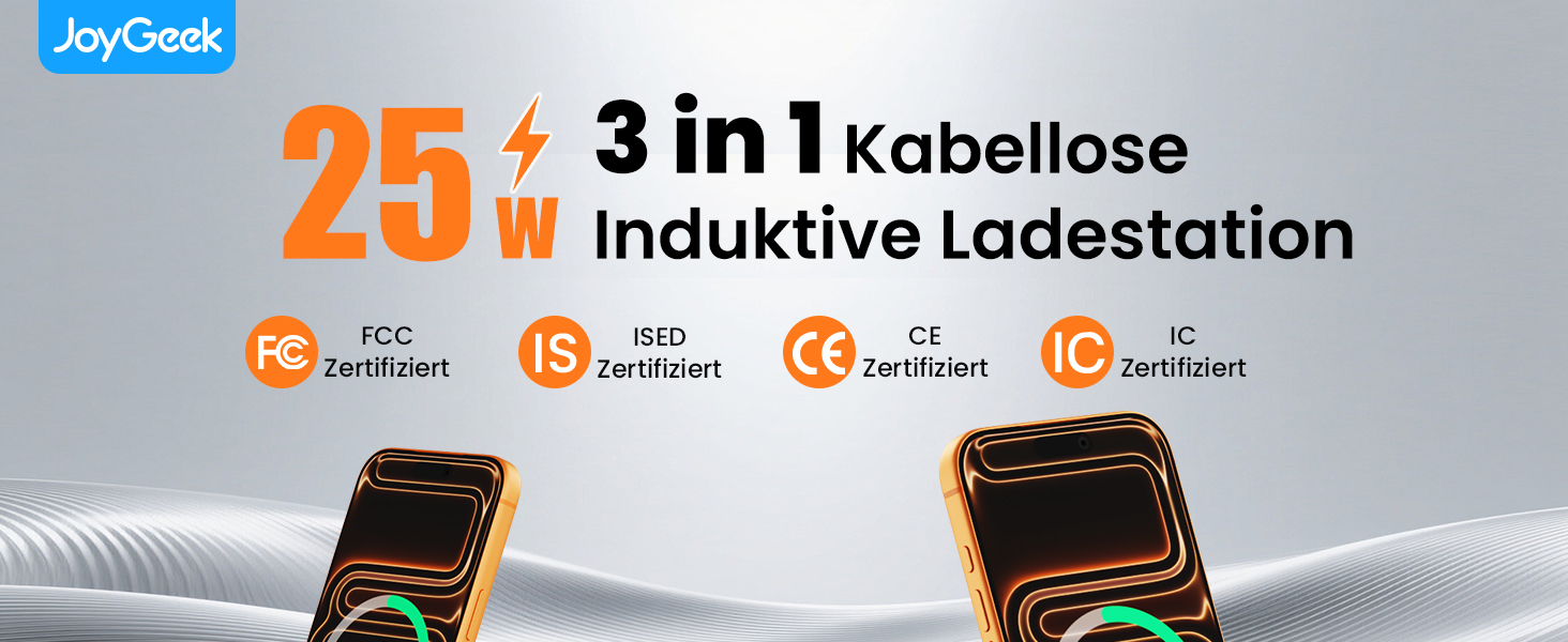 Зарядна станція JoyGeek 3-в-1 з магнітною індукцією 25W для iPhone 17/16, Apple Watch, Samsung Watch та AirPods. Білий матовий.