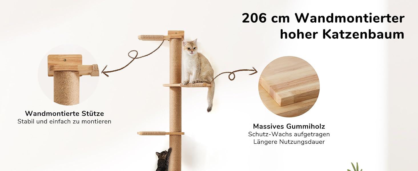 Котячий комплекс-дерево 5-рівневий, 206 см, настінний, з натурального каучукового дерева для лазіння, дряпання та ігор