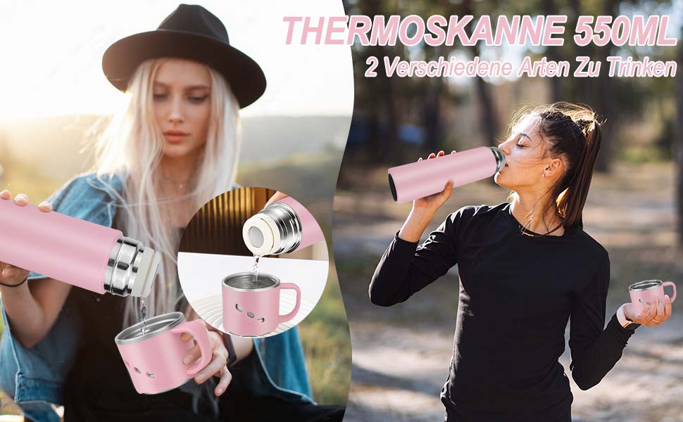 Термокружка-термос з нержавіючої сталі 550 мл, без витоку, з чашкою та ручкою, вакуумна термоізоляція 12 год гаряча / 12 год холодна, неслизька, для кави, спорту, роботи, школи, автомобіля (Рожева)