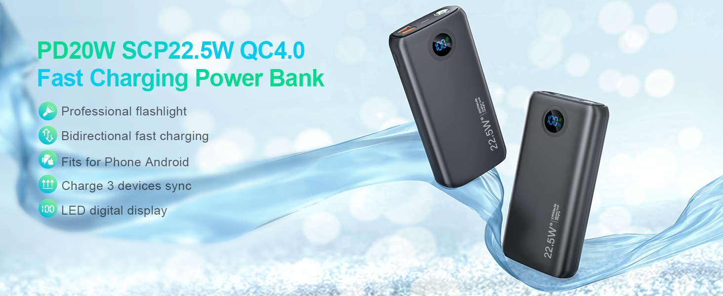 Потужний зовнішній акумулятор Power Bank 27000mAh 22.5W USB-C з LED-дисплеєм, швидка зарядка PD 3.0 та QC 4.0, вбудований ліхтар для iPhone, Samsung, iPad та смартфонів