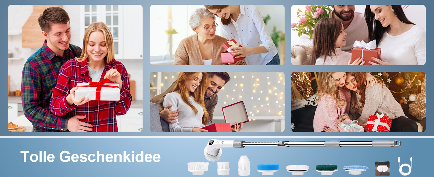 Електрична щітка для прибирання 7 в 1 з регульованою ручкою, змінними насадками, 2 швидкості, для ванної, плитки, IPX7, білий/сірий