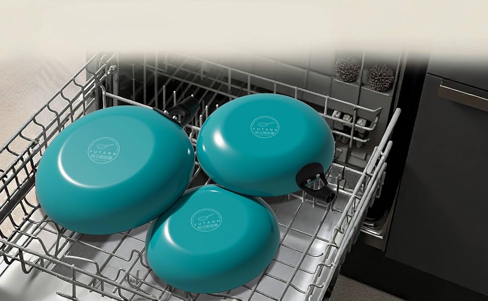 Набір сковорідок YUTANN 3 шт. з чавуну, з антипригарним покриттям, знімний дерев'яний ручка, для газової плити, індукції, духовки, без PFAS/PFOA, легко миються, блакитний