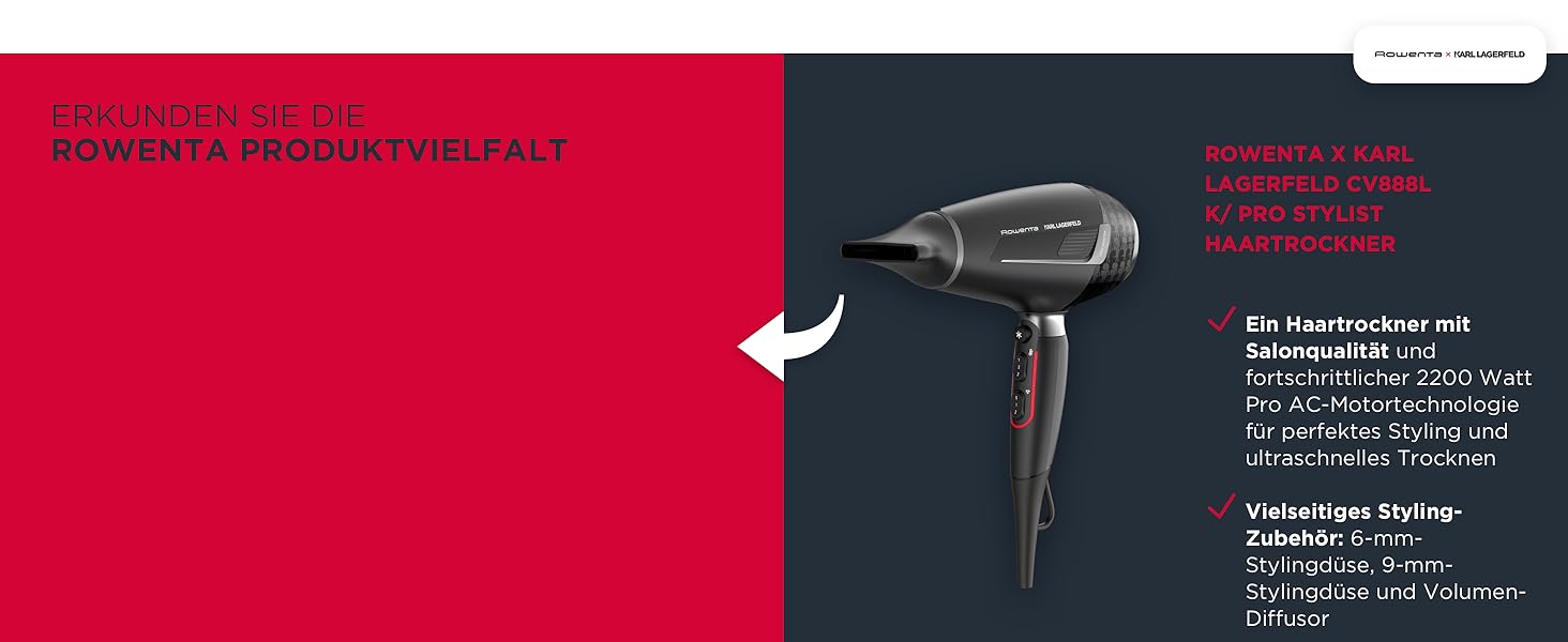 Фен Rowenta x Karl Lagerfeld CV581L Studio Dry: Ефективність та стиль, 6 режимів, Thermo Control, концентрат, чорний/червоний