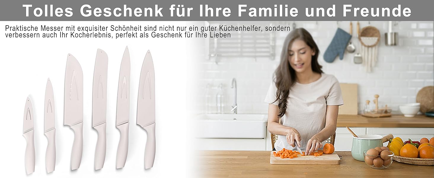 Набір кухонних ножів Homikit, нержавіюча сталь, 6 предметів, з захисним чохлом. Включає: кухарський ніж, ніж для м'яса, ніж для хліба, універсальний ніж, ніж для очищення овочів, сатокі. Антипригарне покриття, Khaki