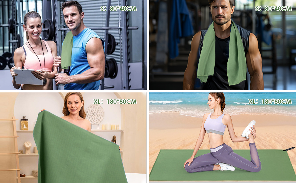 Набір з 3 рушників з мікрофібри, 180x80 см + 2 рушники 80x40 см, для фітнесу, сауни, пляжу, подорожей, темно-зелений