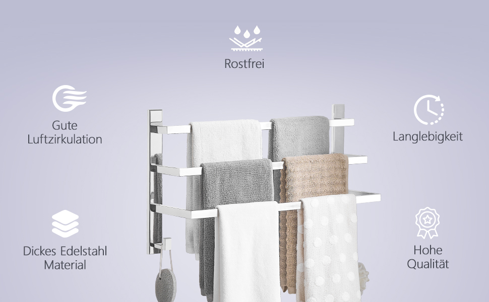 Тримач для рушників без свердління для ванної кімнати | Без бактерій | Прихований кріплення | Тримач рушників з гачками - нержавіюча сталь SUS 304, нержавіюча сталь, полірована | з дзеркальним покриттям