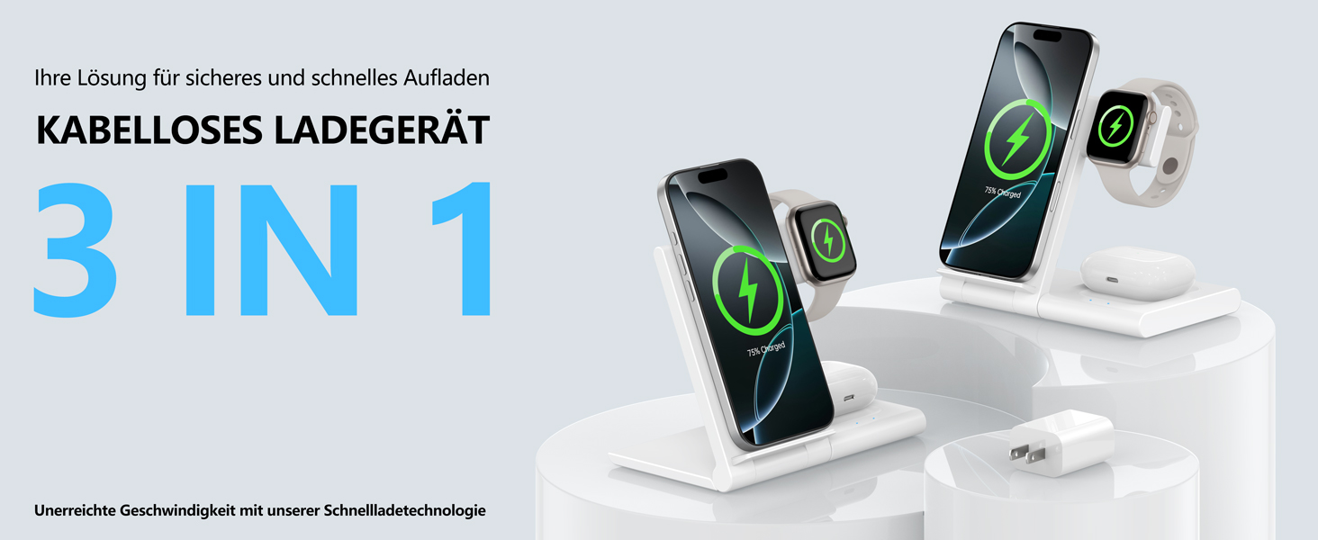 Зарядна станція 3-в-1 для Apple Watch та iPhone (17/16/15/14/13/12/11 Pro/Max/Plus), Apple Watch Ultra 3/11/10/9/8/7/6/SE 3, AirPods 4/3/2/Pro 3 - Біла