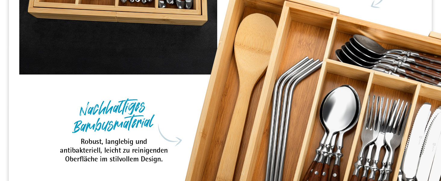 Органайзер для столових приборів Gräwe з бамбука для кухонних шухляд, змінний, розсувний (36.5-56.5 см)