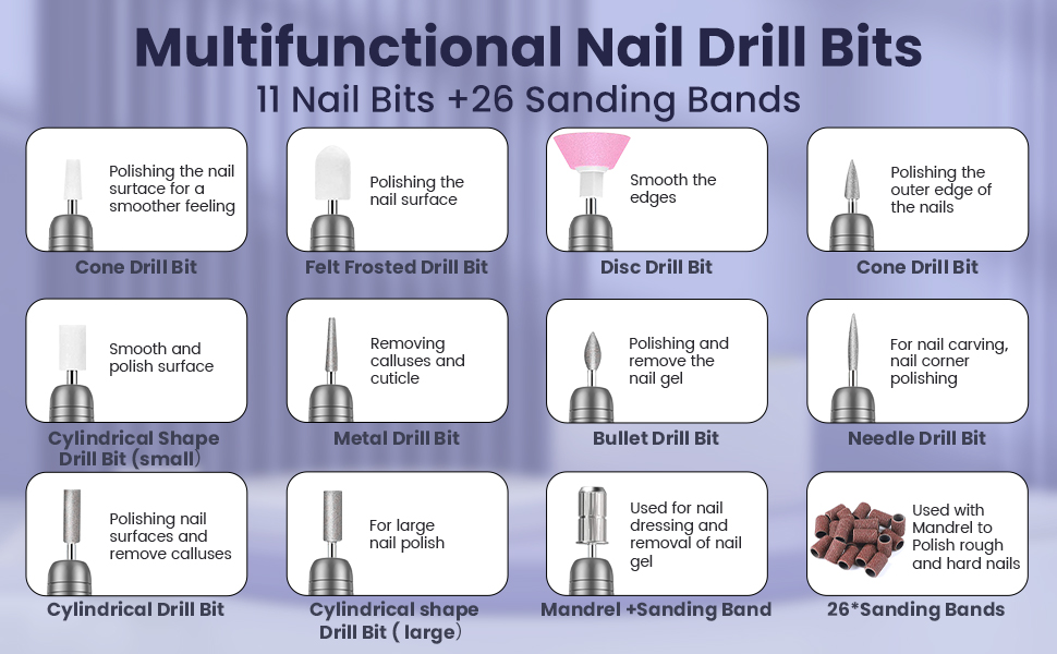 Електрична машинка для манікюру Nagelfräser 11 в 1 з регулюванням швидкості 20000 об/хв для гель-лаку, акрилу та апаратної манікюру (фіолетовий)