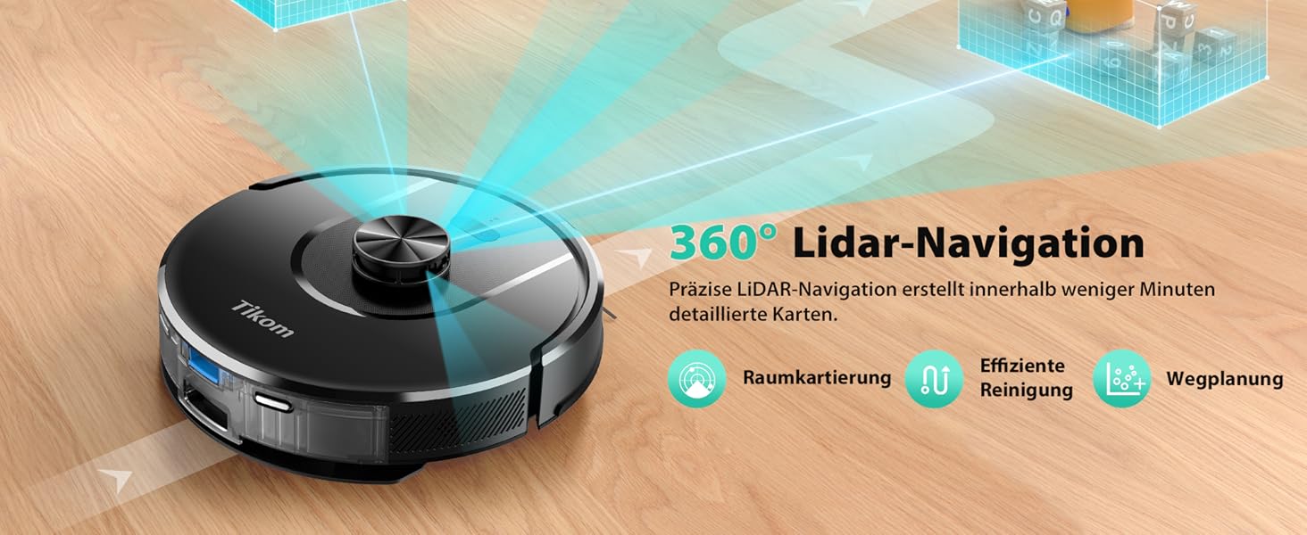 Робот-пилосос Tikom L8000 Plus з потужністю 6000Pa, станція самоочищення, LiDAR-навігація, Wi-Fi, мапінг, для шерсті тварин, килима та твердих підлог