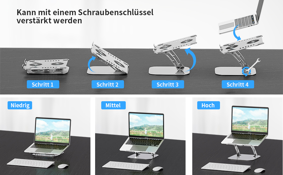 Регульований підставка для ноутбука з RGB вентилятором, алюмінієвий, чорний. Сумісна з MacBook та ноутбуками 10-17'