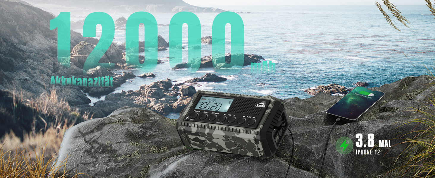 Радіо на сонячній батареї та з ручним генератором | Powerbank 12000mAh | AM/FM/SW, SOS, USB-C, IPX4, ліхтарик | для кемпінгу та відпочинку на природі (Граутарт)