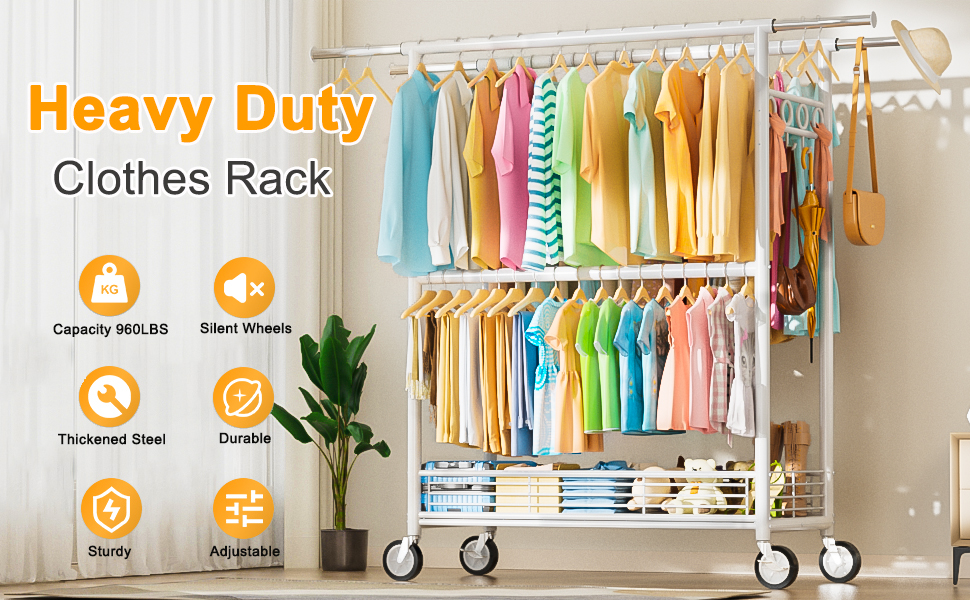 Вішалка для одягу Bomclap, міцна, на колесах, розсувна, з 3 перекладинами, 8 гачків та полицею, до 160 кг, біла