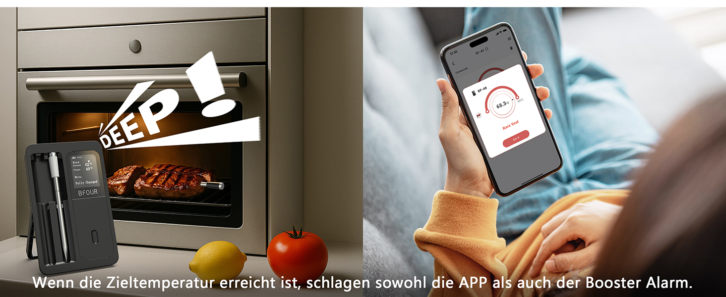 Бездротовий термометр для м'яса BFOUR з 2 зондами, Bluetooth, LCD-дисплей, керування через додаток, цифровий термометр для приготування на грилі, в духовці, диморі, BF-40 PRO чорний