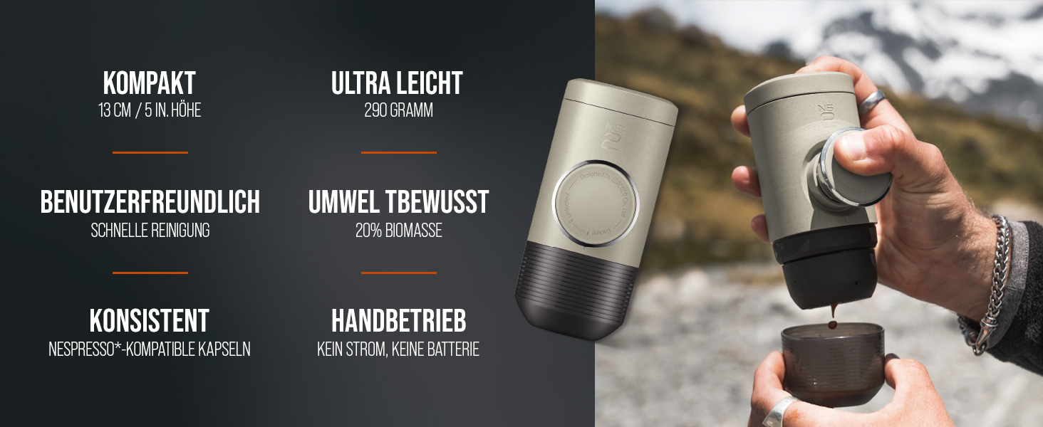 WACACO Minipresso NS2 – портативна кавомашина для еспресо, ручна, сумісна з Nespresso, сіро-оливковий колір