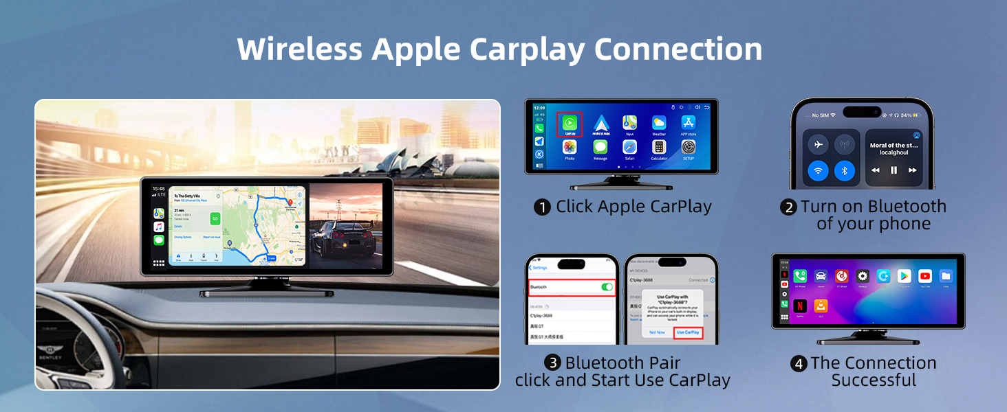 10.26-дюймовий бездротовий дисплей CarPlay/Android Auto для авто з 4K відеореєстратором, 1080P камерою заднього виду, GPS, Bluetooth, FM, 64 ГБ, підтримка Siri/Google Assistant, Mirror Link