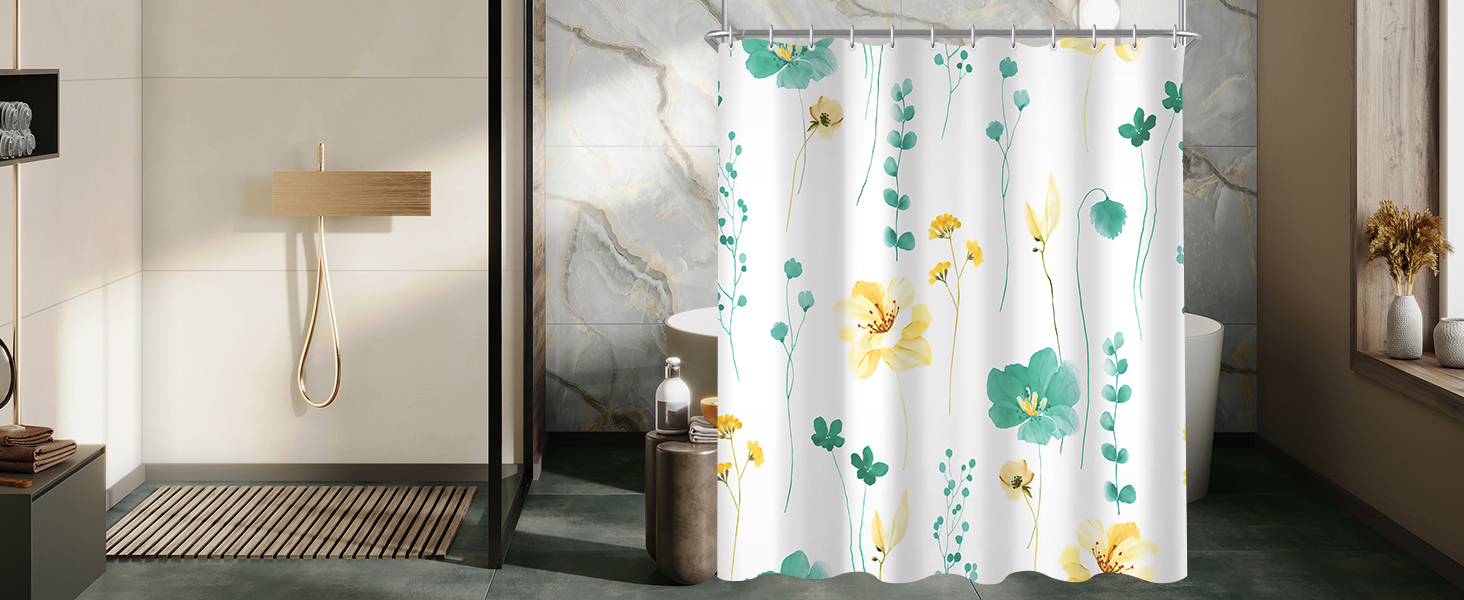 Штора для ванної кімнати 240x200 см, квіти, антигрибкова, водовідштовхувальна, поліестер, з кільцями для душу (М'ятний)