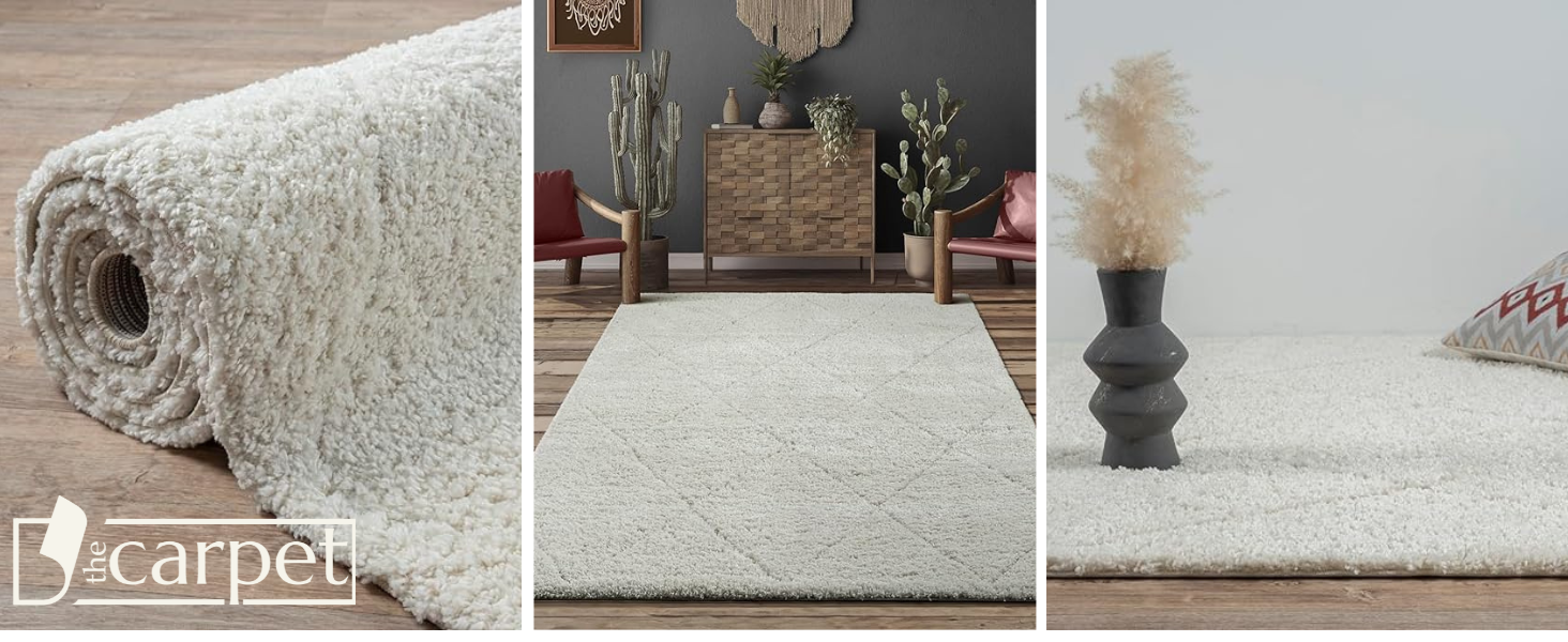 Килим Bahar Shaggy: дизайнерський килим для вітальні, м'який та легкий у догляді, високий ворс, кремовий ромбічний візерунок, 120 x 170 см