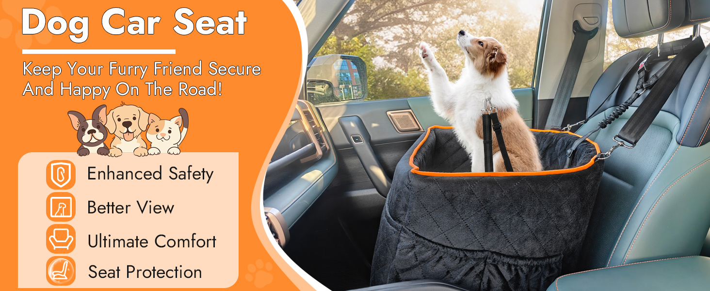Memory Foam Dog Car Seat for Small Dogs (Under 11kg) - Elevated Design with Storage Pockets