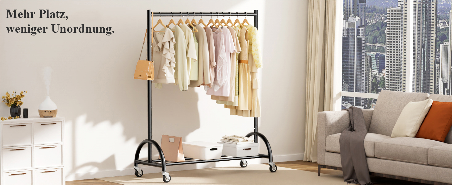 Міцний вішак для одягу на колесах MISSLO для спальні, металевий, з полицею - мобільна вішалка для одягу, пальто, чорний