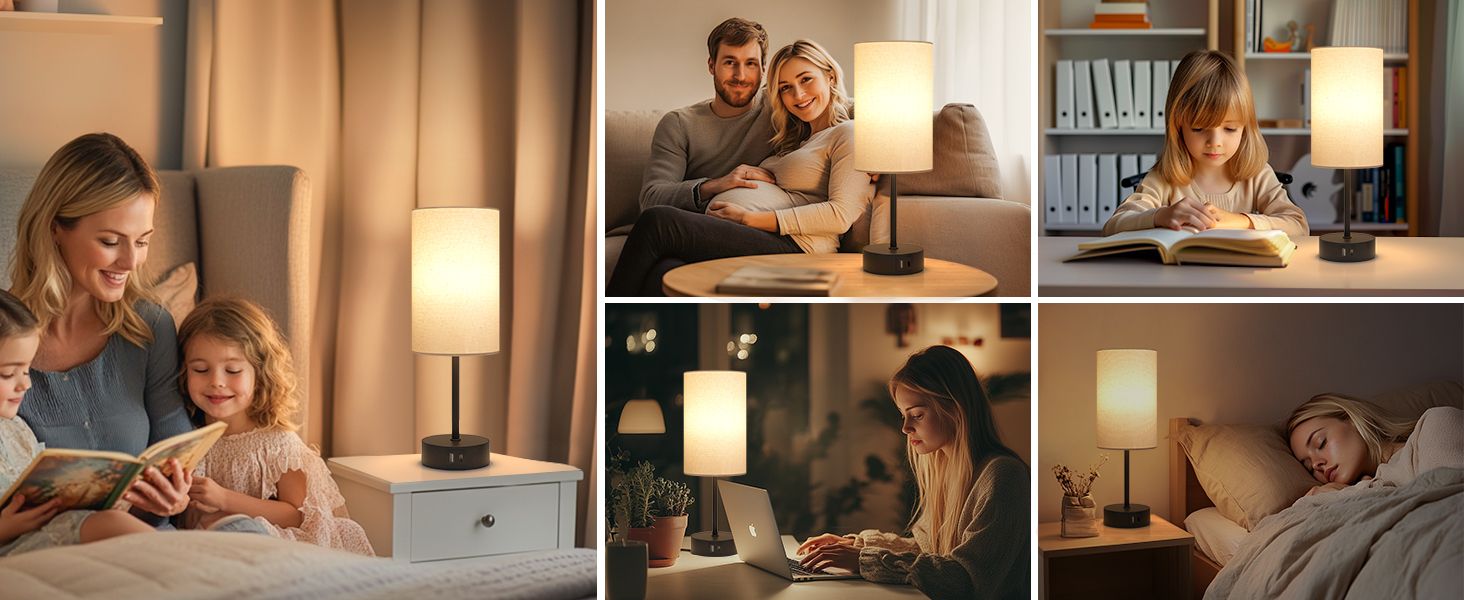 Нічна лампа STANBOW з торшером USB A+C, регульована яскравість, абажур з льону, для спальні, вітальні, дитячої кімнати, гуртожитку, офісу, бежевий відтінок, чорна база