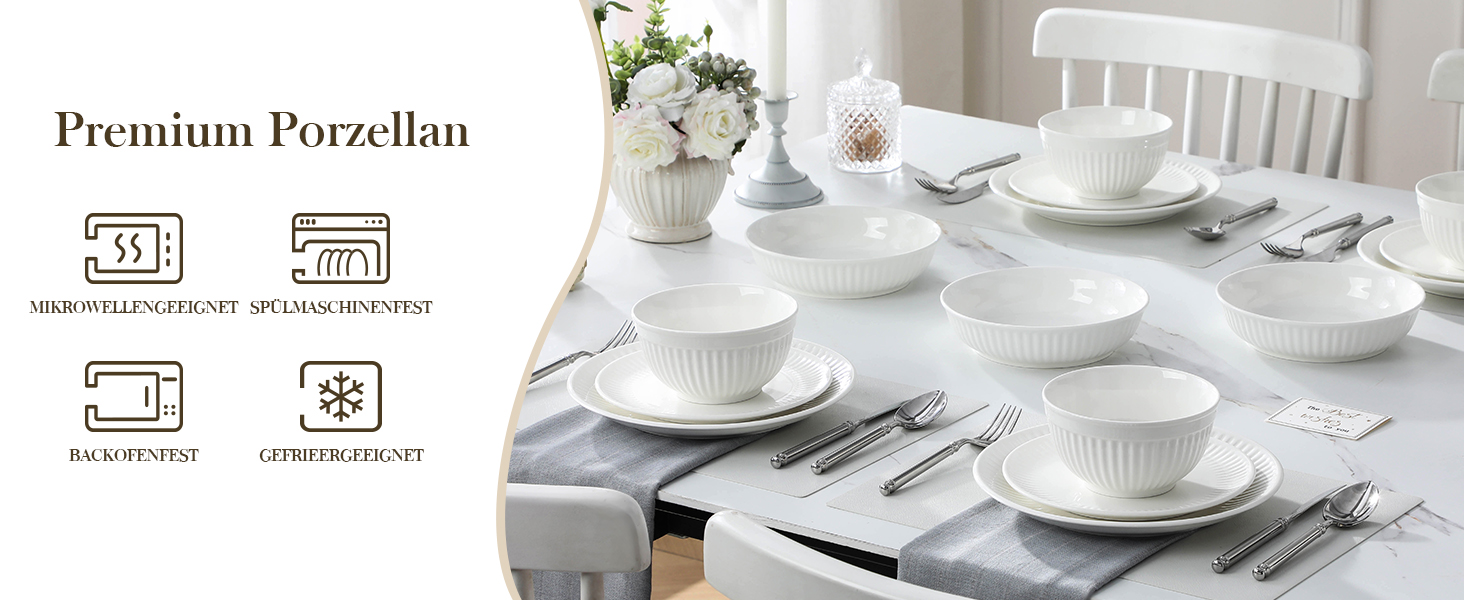 MALACASA LEILA Набір посуду на 6 осіб, 24 елементи: тарілки, миски, порцеляна, ручна робота, для мікрохвильовки та посудомийної машини, білий