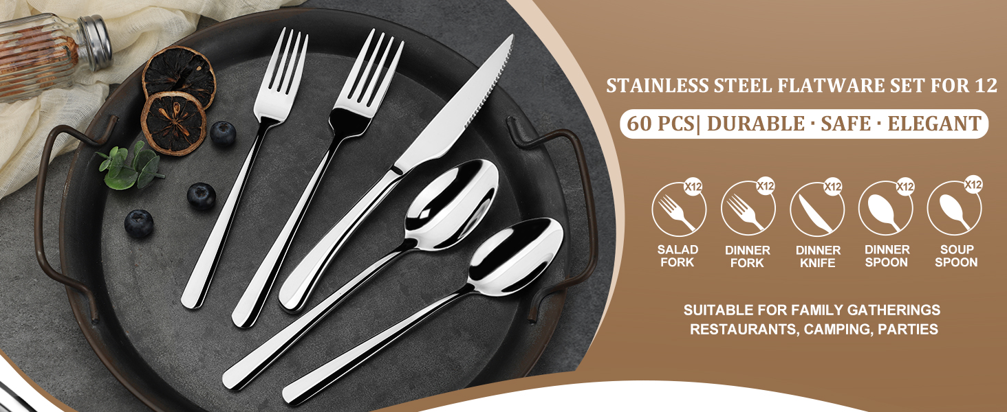 Набір столових приборів TAN REN, чорний, 48 предметів (8 осіб), з ножем для стейка, нержавіюча сталь