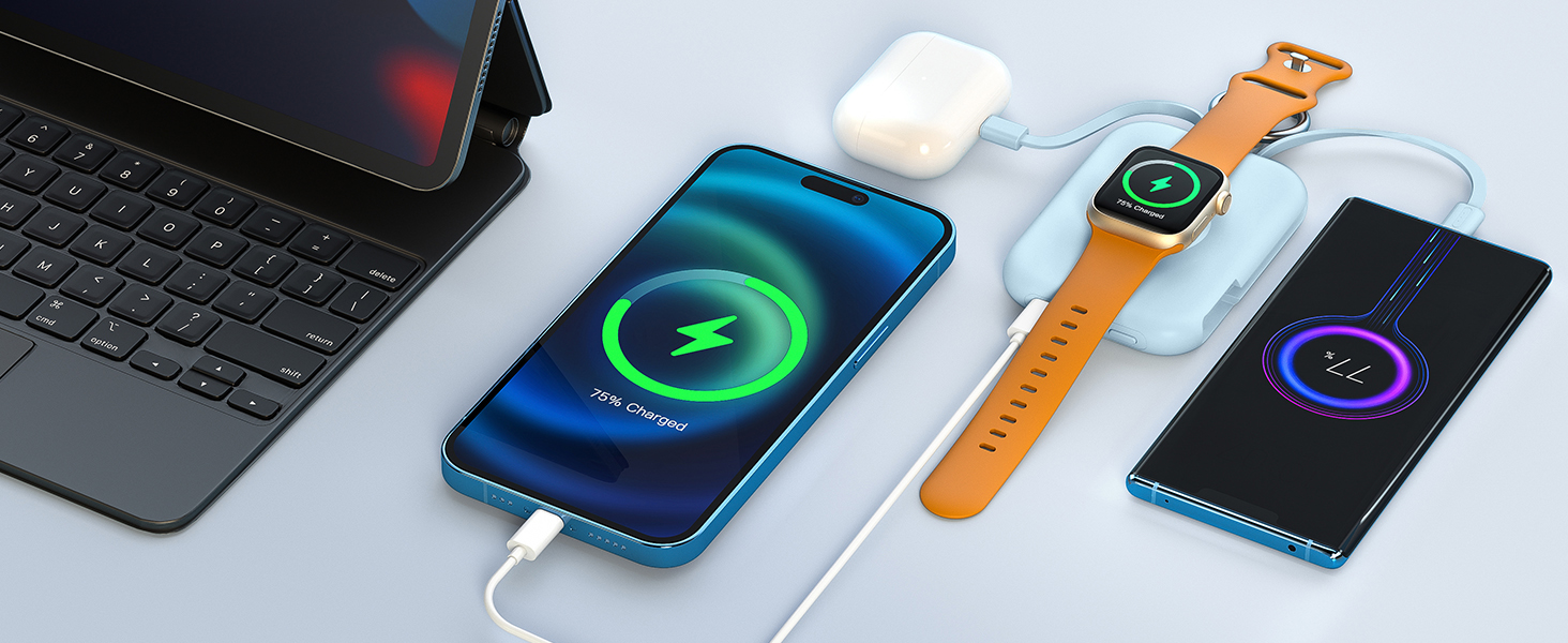 Power Bank RORRY 5000mAh з вбудованими кабелями, брелок для iPhone, Apple Watch, Рожевий