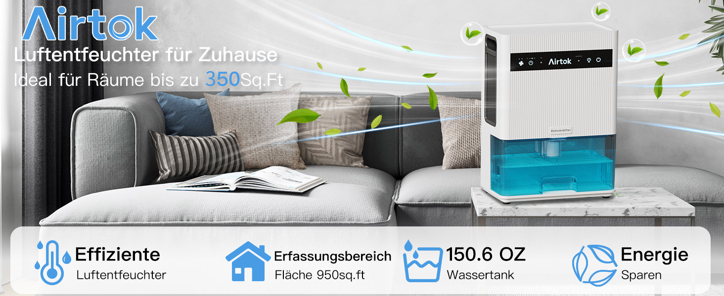 Електричний осушувач повітря Airtok 3000 мл, 35 м² для спальні, підвалу, з таймером, авторозморожуванням, 7 кольорів підсвічування