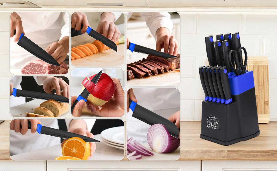 Набір кухонних ножів FIVE COWS (14 предметів) з самозаточуванням, з ножем для стейка та ножицями, синій