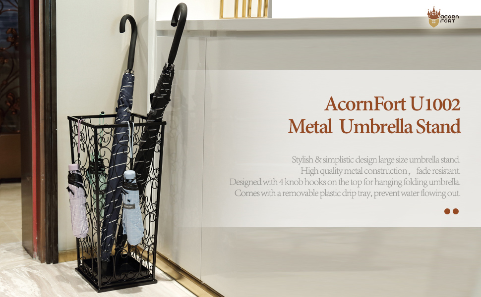 AcornFort Large Black Metal Umbrella Stand with 4 Hooks - Entryway, Office, Hallway Storage - Water Resistant Base (56x25x25cm)