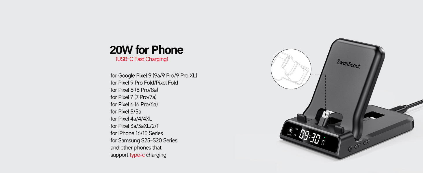 Зарядна станція 3-в-1 для Google Pixel Watch 3/2 та смартфонів Pixel, 25W USB-C, SwanScout 701G2 (Не для Pixel Watch 4/1)