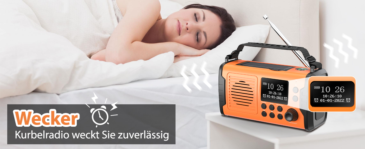 Радіо з ручним приводом DAB FM, 20000mAh, Радіо для надзвичайних ситуацій з сонячною панеллю, Bluetooth, годинник, зарядний пристрій для телефону, ліхтарик, компас SOS, радіо виживання (Помаранчевий)