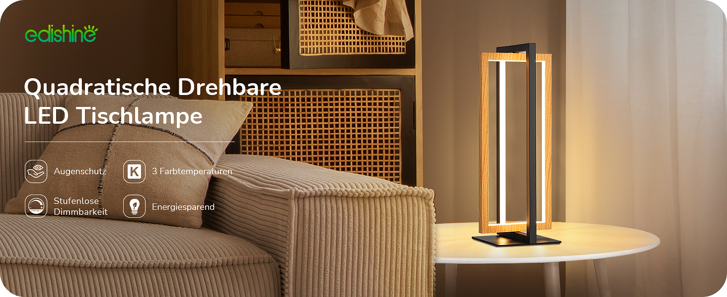 LED настільна лампа EDISHINE з дерева, торкання, димування, пам'ять, 3 кольори, 350 люмен, для вітальні, офісу, подарунок, сучасний стиль