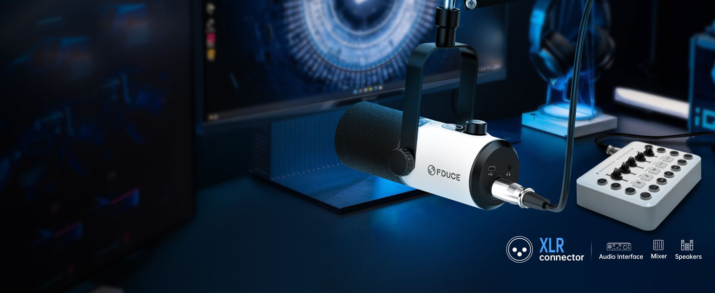 Ігровий мікрофон FDUCE з USB/XLR підключенням для стрімінгу, запису подкастів та співу з RGB-підсвіткою, регулятором посилення та навушниками (D20+)