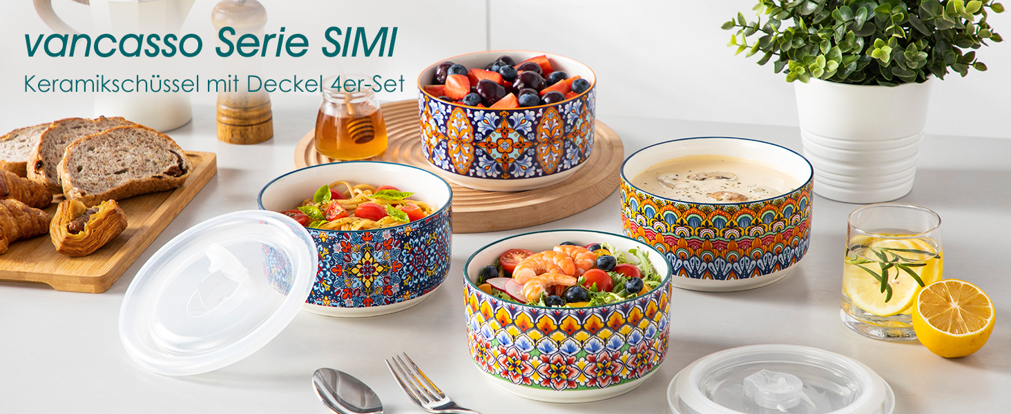 Набір супових та салатних тарілок Vancasso (4 шт.) з кришкою, кераміка, 1080 мл