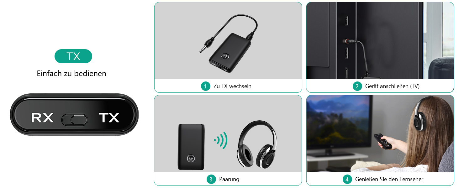 ORIA Bluetooth 5.3 Аудіоадаптер 2-в-1 з AUX, для навушників, колонок, ноутбуків, чорний