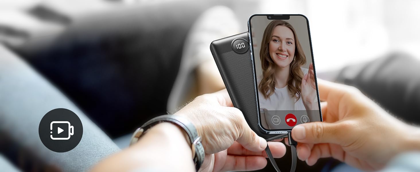 Power Bank 10000mAh з 5 виходами та 2 входами, LED дисплеєм та вбудованими кабелями. Сумісний з iPhone, iPad, Samsung, Xiaomi, Google Pixel. Чорний