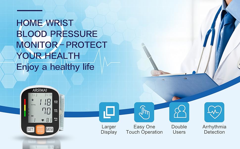 Автоматичний тонометр на зап'ясті: регульована манжета + 2 батарейки AAA та сумка для зберігання – детектування нерегулярного серцевого ритму, пам'ять на 99 вимірювань, великий LCD-дисплей, білий/синій (чорний)