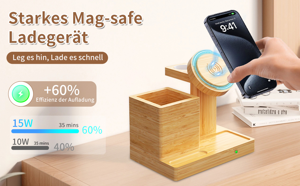 Багатофункціональна бамбукова зарядка 5-в-1 з LED-годинником та нічником. Підходить для Apple Watch, AirPods, Samsung Galaxy та інших пристроїв.