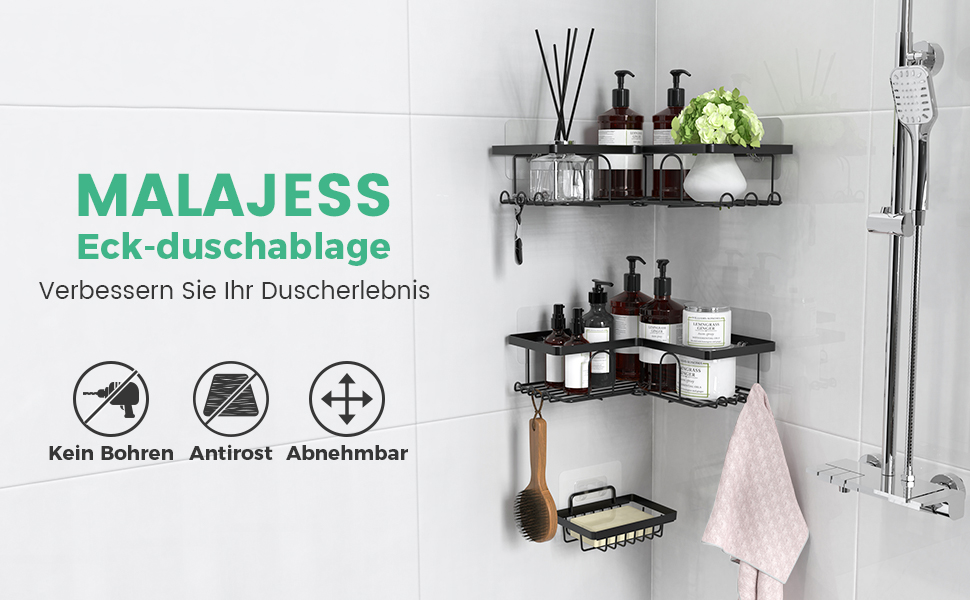 Дзеркальна поличка для душу без свердління, 2 шт. Органайзер для ванної кімнати з 8 гачками, швидковисихаюча поличка для душу, велика місткість, міцна підставка для шампуню (Чорний). 2 шт. Дзеркальна поличка для душу прямокутна (3 шт. куткова поличка для душу)