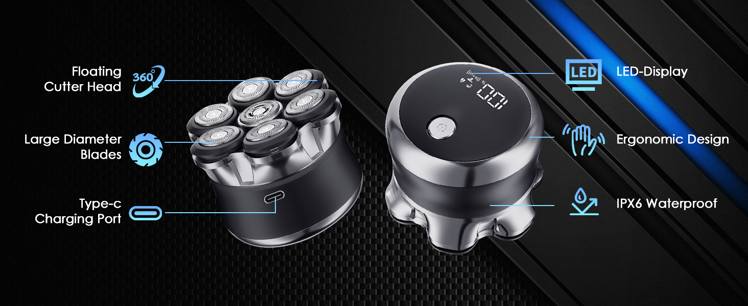 Електрична бритва Glatzen для чоловіків з плаваючою головкою, LED-дисплеєм, 2 режимами, Type-C зарядкою, водонепроникна, чорна