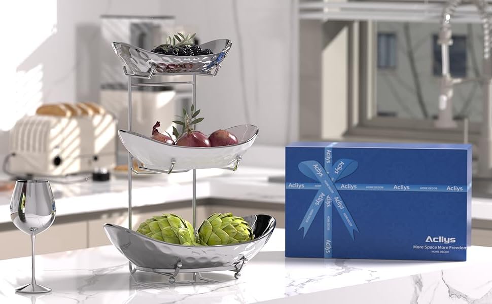 Набір для фруктів та овочів Acliys 3 яруси з кераміки, набір для кухні, порцелянові миски для зберігання фруктів, овочів, снеків, десертів, тортів, тарілка-решітка для вечірки, весілля, сріблястий