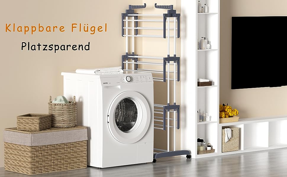 HOMIDEC Clothes Drying Rack Clothes Dryer Tower with Wheels, Space-Saving - with 6 Folding Wings and 2 Swivel Side Wings, Stainless Steel Standing Dryer Clothes Tower for Indoor and Outdoor Use, Grey Grey XL