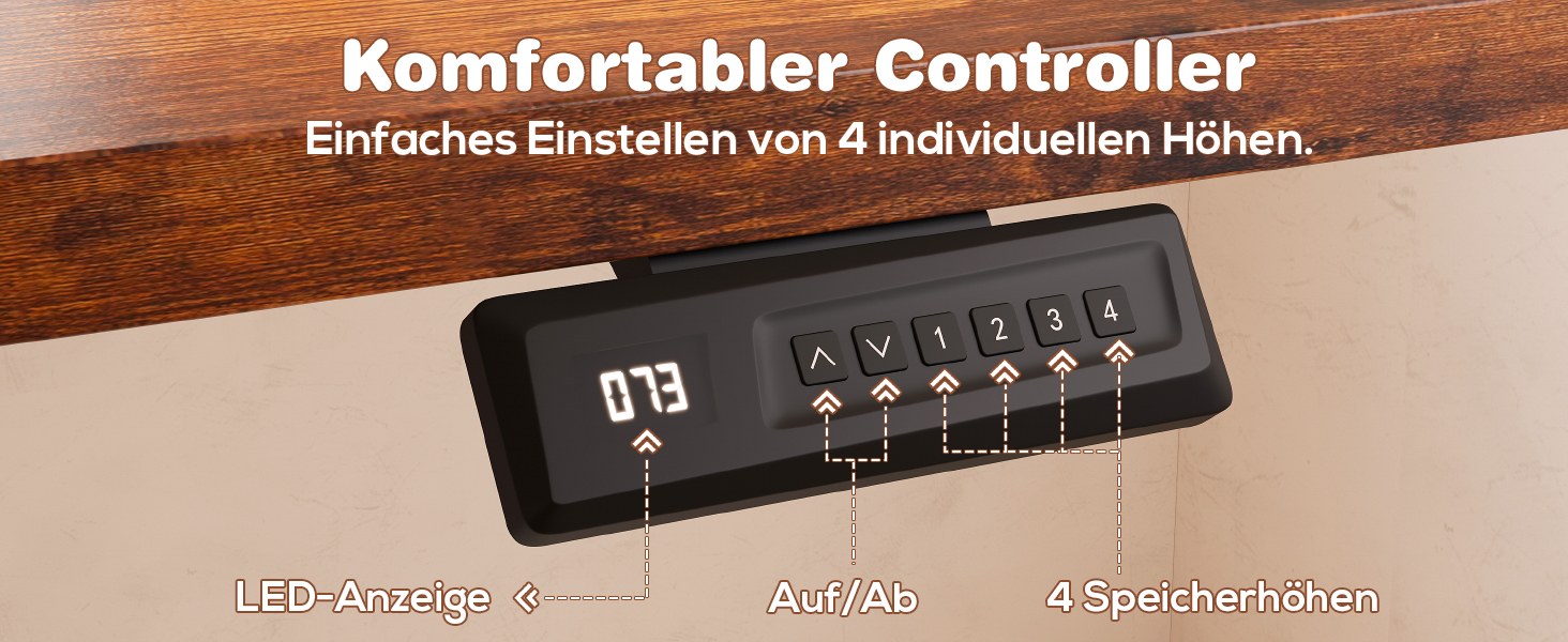 Devoko Adjustable Height Electric Desk - 120x60cm - Vintage Brown - Sit-Stand Desk with Memory Function & Collision Detection