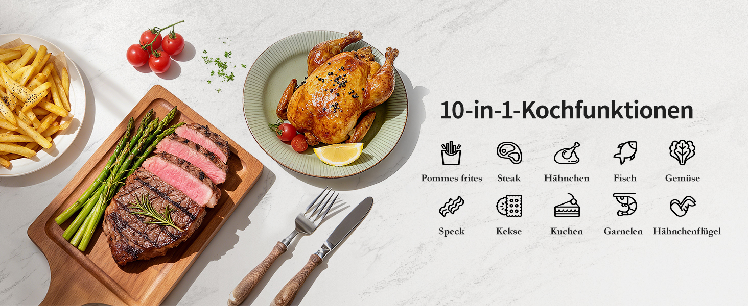 Електрична фритюрниця повітряна 11л, 2 камери з грилем, 10-в-1, без олії, з нагадуванням про струшування <60дБ, з антипригарним покриттям, 78 рецептів