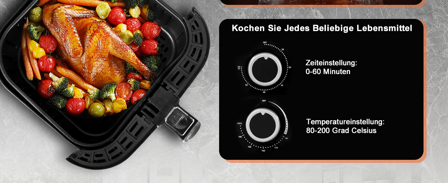 Фритюрниця без олії Uten 5.5L XXL, 1700W, таймер, антипригарне покриття, для 2-8 осіб, темно-сіра